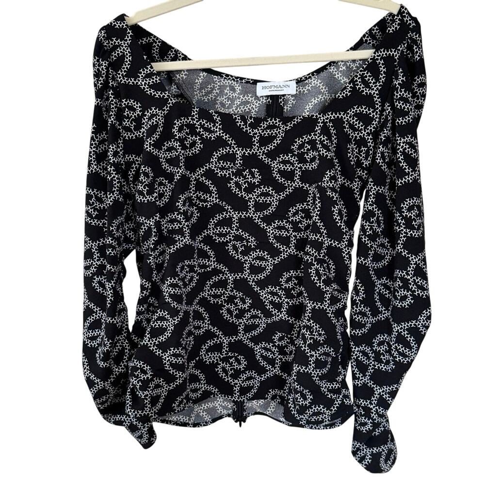 Hoffman Copenhagen Black White Swirly Pattern Sq Neck Top S/M Coquette Ruche